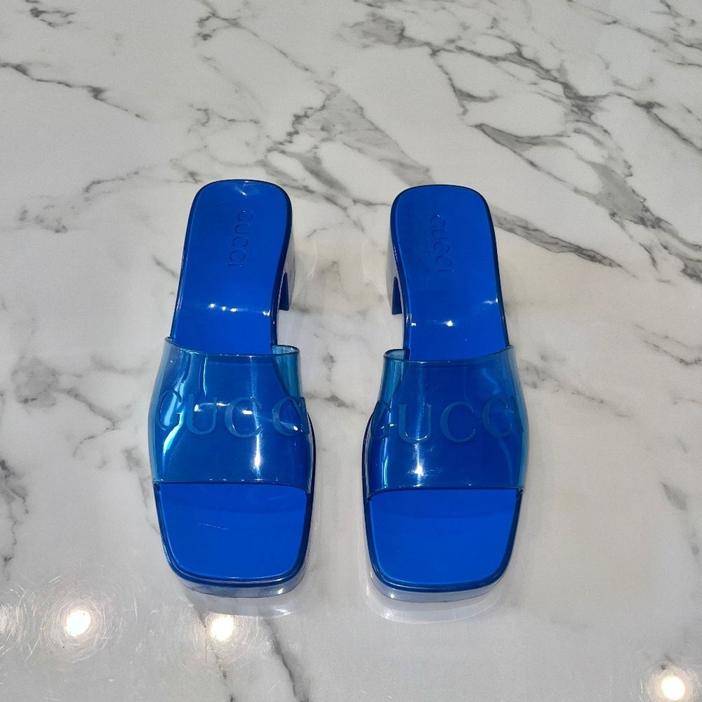 Gucci Blue Perforated Transparent Platform Rubber Jelly Mule Block Heels